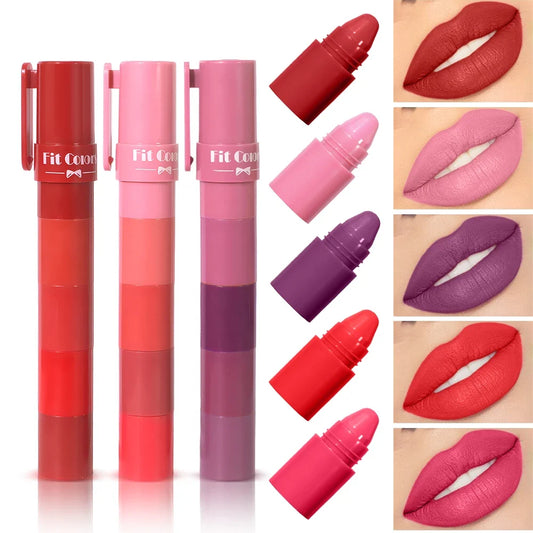 Blushimmer 5-in-1 Fruit Velvet Matte Lipstick set with vibrant shades, moisturizing, smooth application, and long-lasting color.