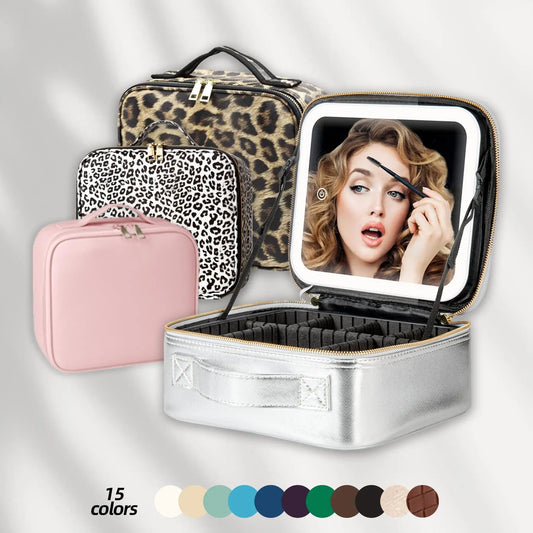 Blushimmer LED lighted makeup bag with mirror, featuring adjustable dividers and 3-color LED lighting, ideal for travel makeup storage.
