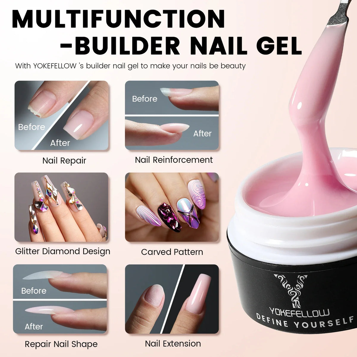 Blushimmer YOKEFELLOW 15g nude pink clear gel nail polish for extension, soak-off UV LED acrylic gel varnish, building and shaping nails