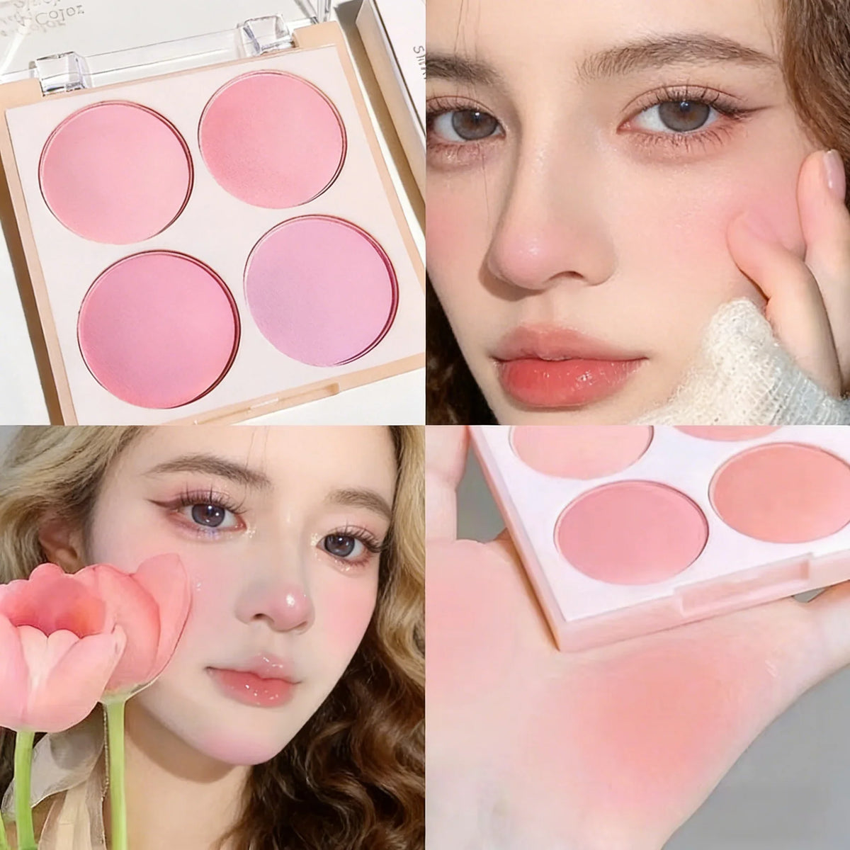 Blushimmer 3-piece matte blush powder set in four soft, low-saturation shades for natural, three-dimensional face makeup.
