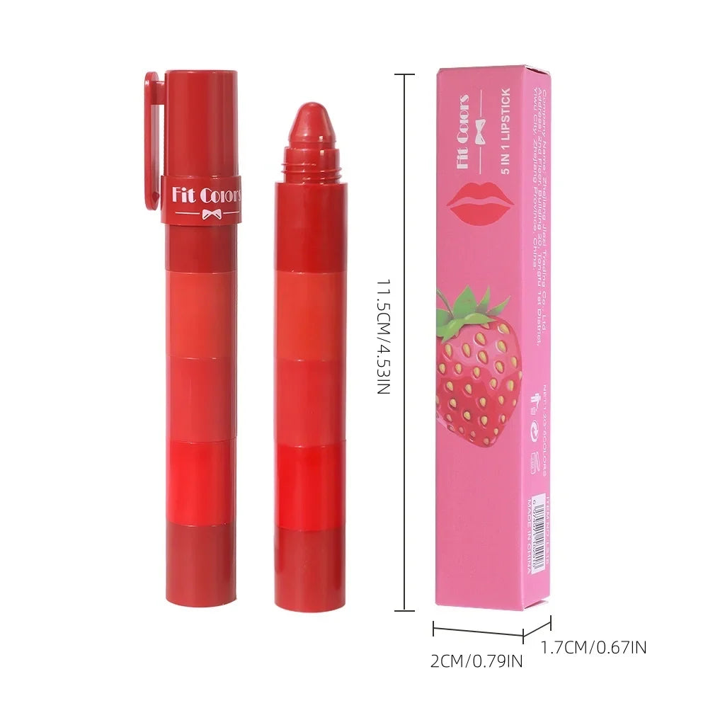 Blushimmer 5-in-1 fruit velvet matte lipstick set with long-lasting, highly pigmented, moisturizing lip balms in a sleek packaging.