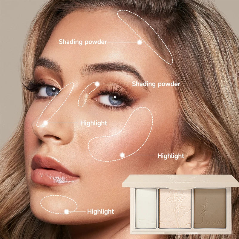Blushimmer 3-in-1 contouring powder palette with blendable shades for highlighting, contouring, and enhancing complexion.