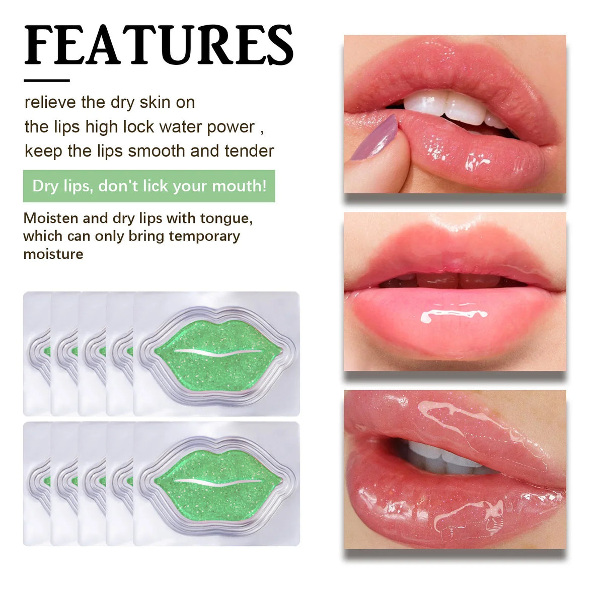 Hoygi Aloe exfoliating lip mask by Blushimmer showing 10pcs of moisturizing, plumping, repairing lip masks with glossy finish.