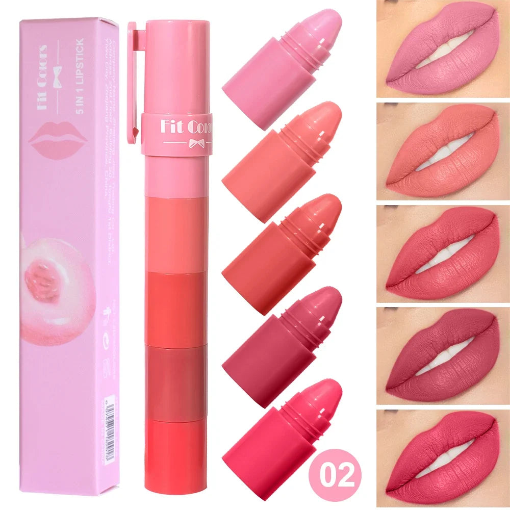 Blushimmer 5-in-1 fruit velvet matte lipstick set with vibrant shades, moisturizing formula, and smooth application for soft lips.