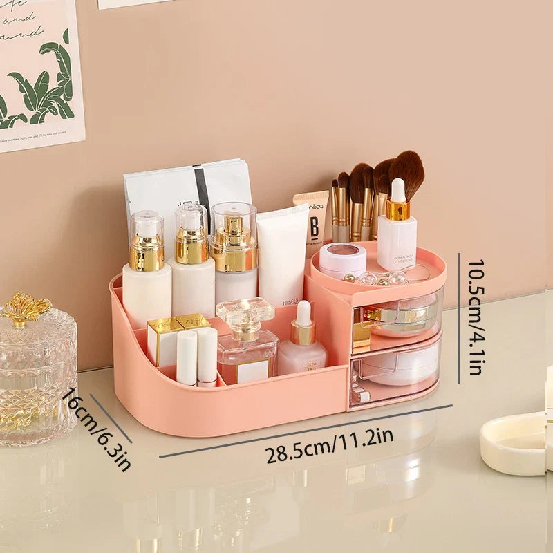 Blushimmer cosmetic storage box with drawer for makeup brushes, lipsticks, and skincare products on a countertop.
