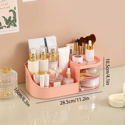 Blushimmer cosmetic storage box with drawer for makeup brushes, lipsticks, and skincare products on a countertop.