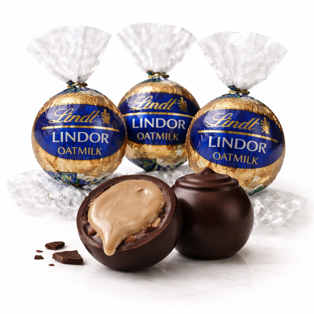 Assorted Lindt LINDOR Non-Dairy Oatmilk Dark Chocolate Truffles in a bulk value bag, showcasing smooth, dark chocolate treats from Candy In Bulk.