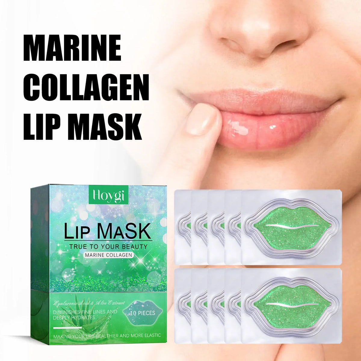 Hoygi 10pcs Aloe lip mask set by Blushimmer featuring exfoliating, moisturizing, and repairing plumping lip masks for smooth lips
