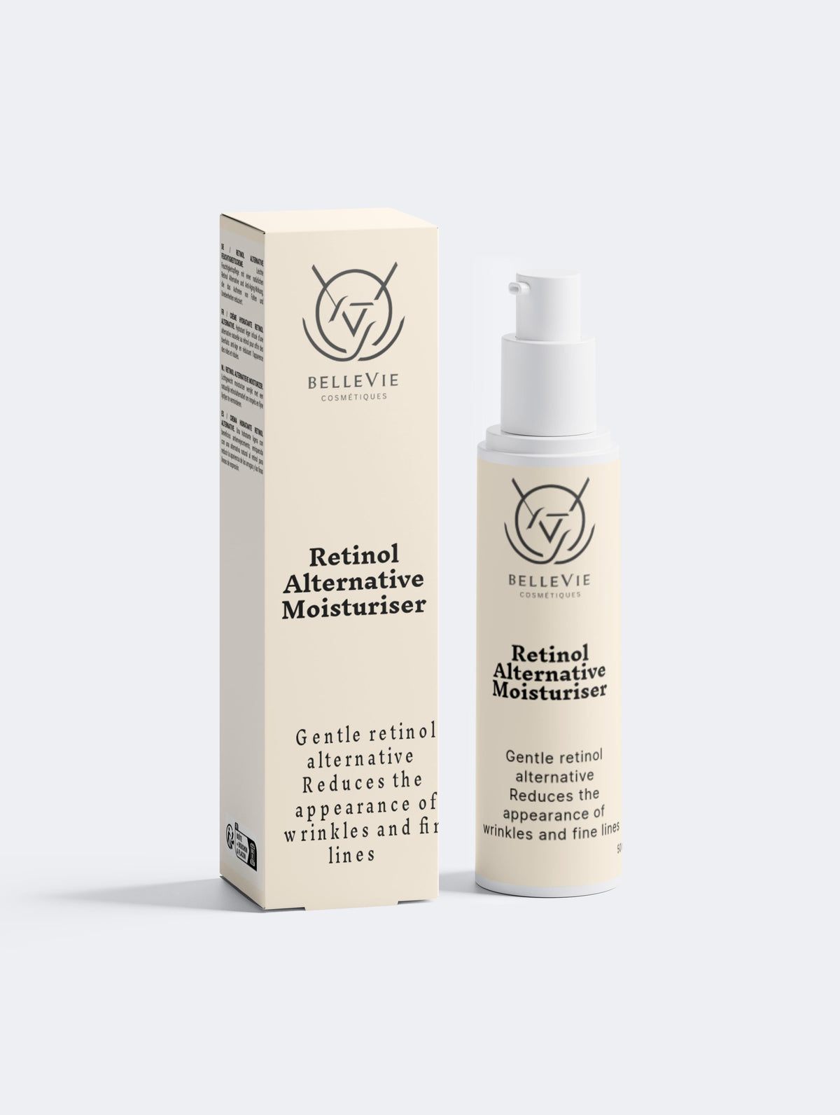 BelleVie Cosmétiques retinol alternative moisturizer in a 50ml jar, smooth and hydrating skincare for natural renewal.