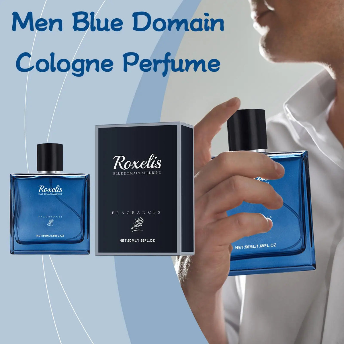 Blushimmer Roxelis 50ml men's Cologne perfume spray with blue bottle, lasting romantic scent, pheromone-enhancing fragrance.