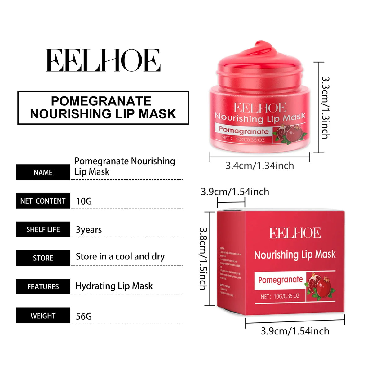 Blushimmer Eelhoe red pomegranate lip sleeping mask in a jar, moisturizing and nourishing cracked, dry lips with a glossy finish.