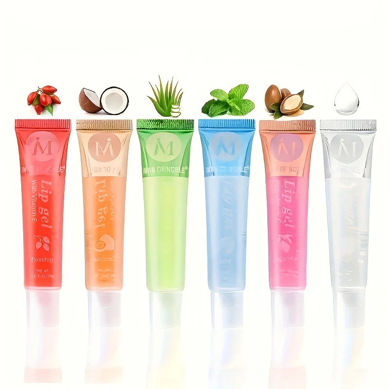 Set of 6 Blushimmer moisturizing clear lip glosses with rosehip, argan, peppermint, aloe, and coconut flavor, translucent and plumping