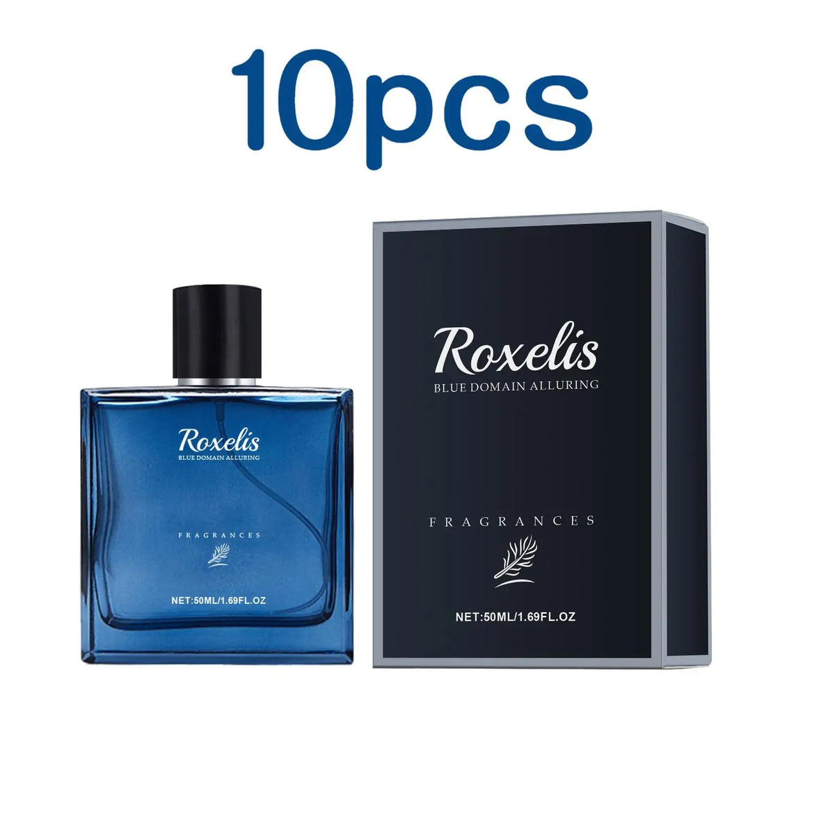 Roxelis 50ml men's charmig cologne spray by Blushimmer featuring a sleek blue bottle and elegant packaging for romantic scent.