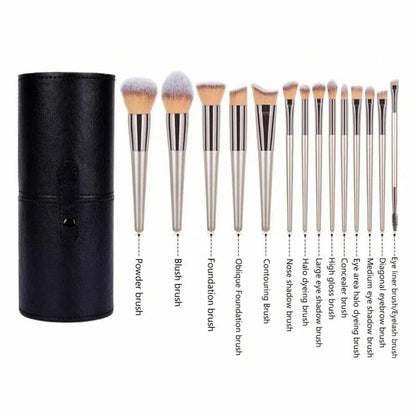 Blushimmer 14-piece synthetic makeup brush set with foundation, powder, concealer, eyeshadow, and blush brushes arranged on a white background.