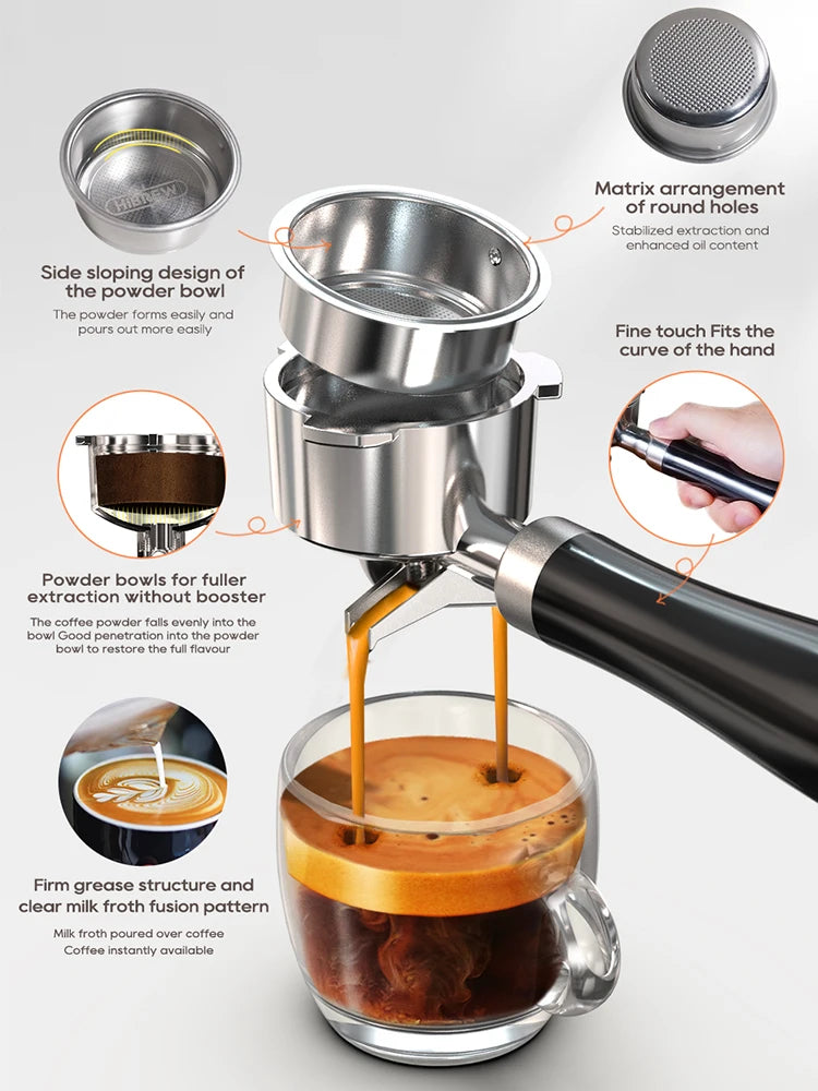 HiBREW 20 Bar semi-automatic espresso machine with sleek design, temperature control, for hot or cold coffee and cappuccinos.