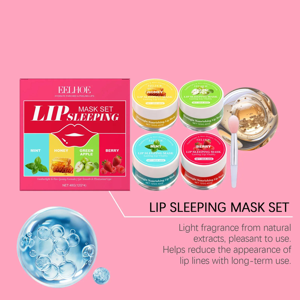 Blushimmer 4-flavor lip sleeping mask set with moisturizing, exfoliating, and softening lip care for overnight restoration