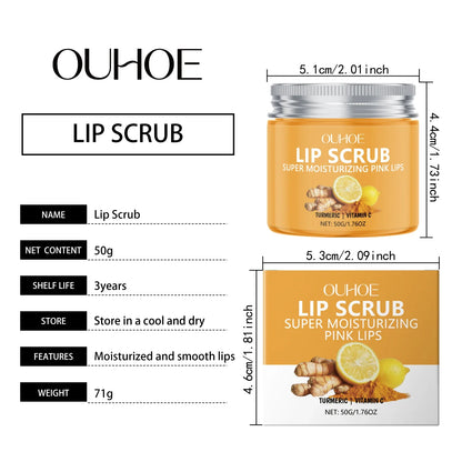Blushimmer Ouhoe 50g turmeric lip scrub with exfoliating and moisturizing ingredients, showing the jar and textured product surface.