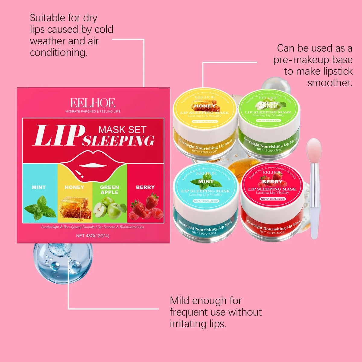 Blushimmer 4-flavor lip sleeping mask set with moisturizing, exfoliating lip care for soft, smooth lips overnight.