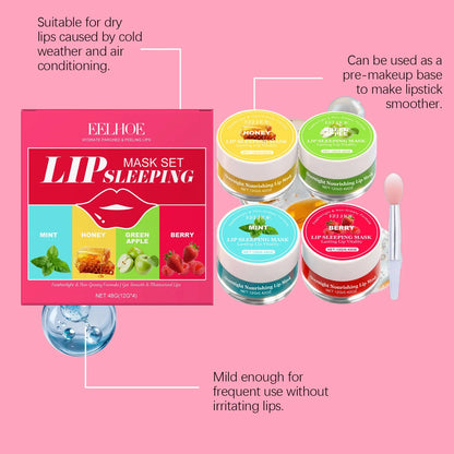 Blushimmer 4-flavor lip sleeping mask set with moisturizing, exfoliating lip care for soft, smooth lips overnight.