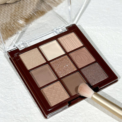 Blushimmer Chocolate Warm Brown Earth Palette with 9 matte, orange, brown, and glitter eyeshadows in a compact palette.