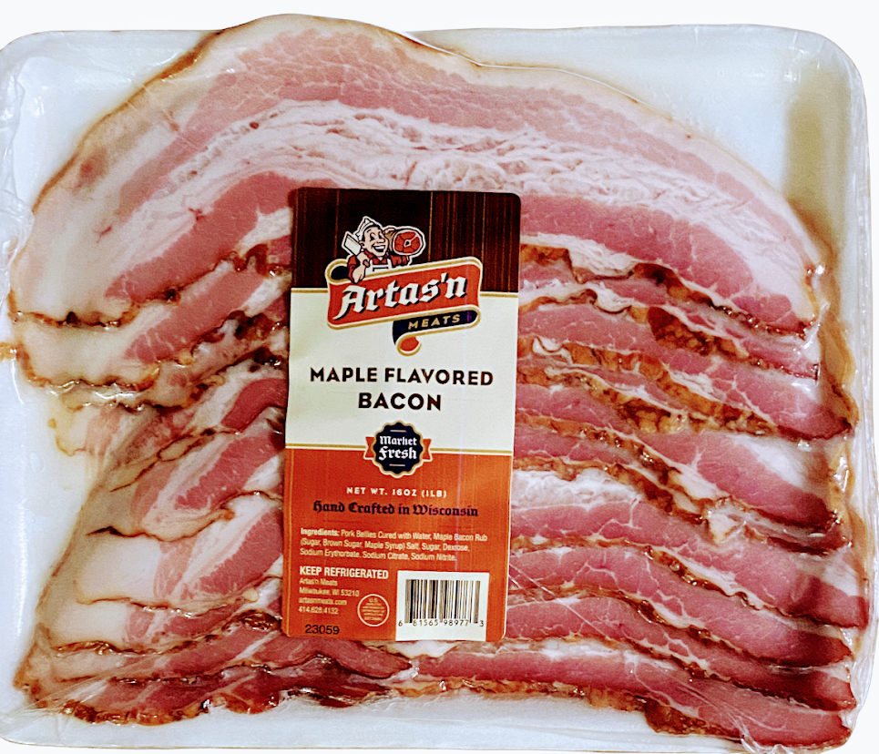 Sliced maple slab bacon from Artas'n Meats, showing thick cuts with a marbled appearance and a maple glaze on the surface.
