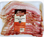 Sliced maple slab bacon from Artas'n Meats, showing thick cuts with a marbled appearance and a maple glaze on the surface.