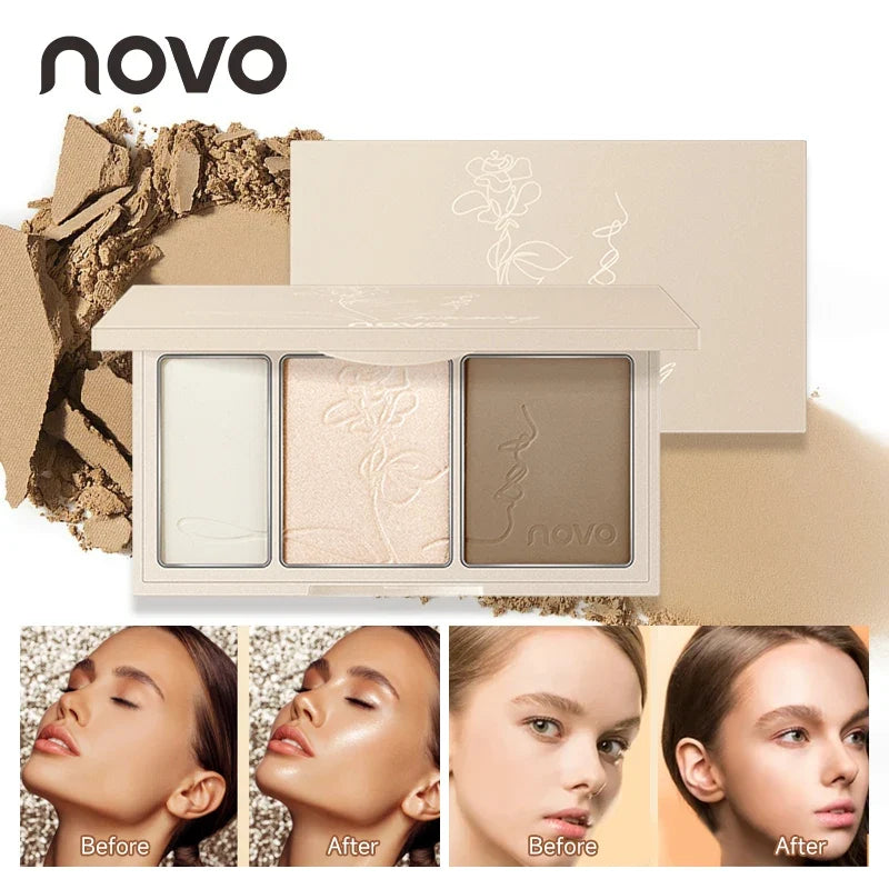 Blushimmer 3-in-1 contouring powder palette with blendable highlight and contour shades, showcasing a sleek compact with shades inside.