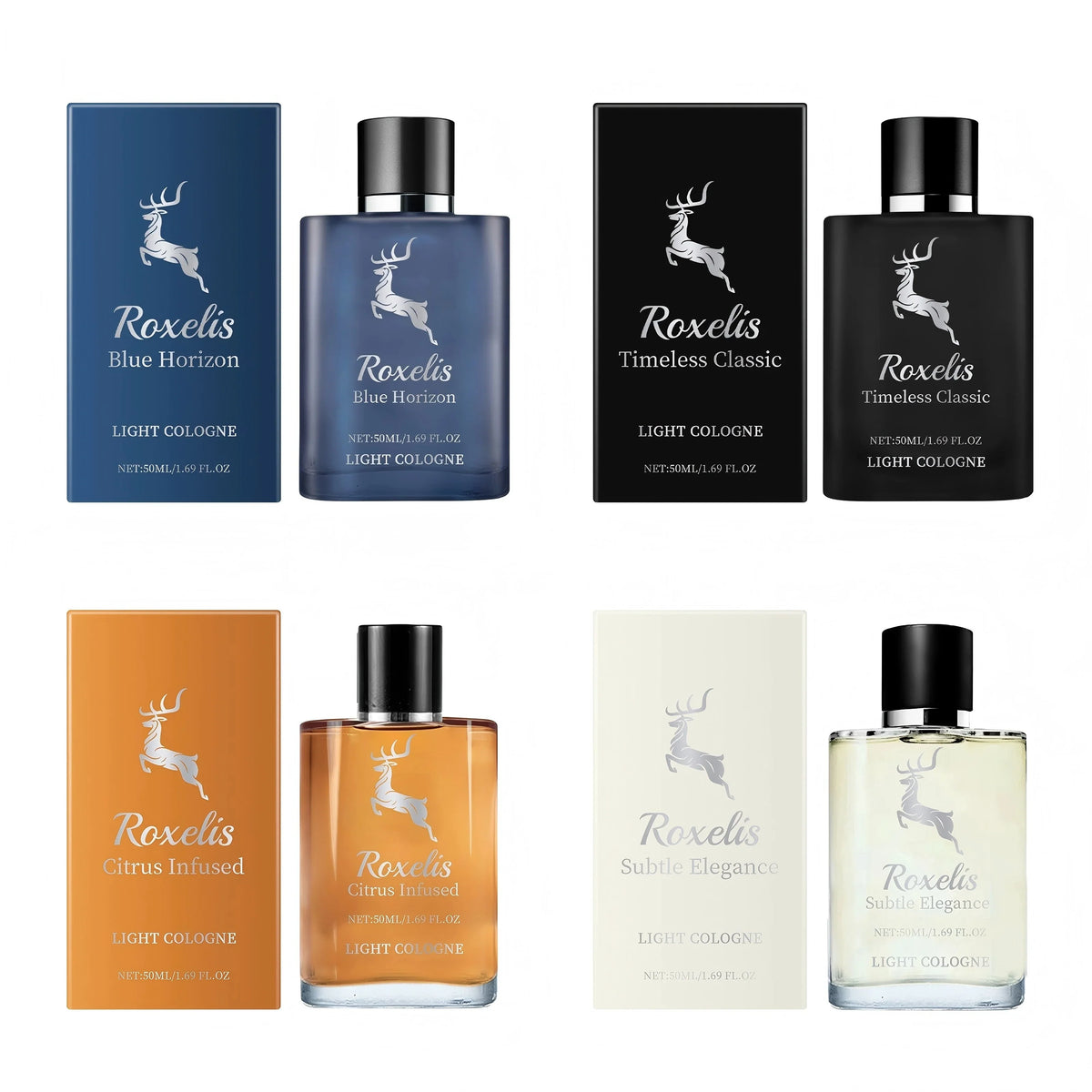 Blushimmer Roxelis 50ml men's cologne bottle with elegant design, showcasing the Charming Perfume series for lasting freshness and attraction.