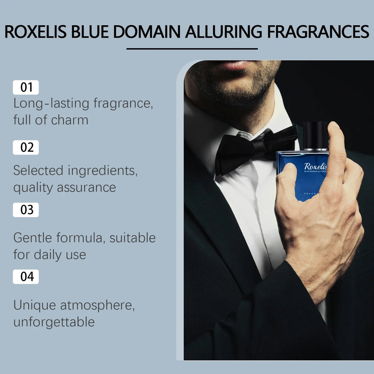Roxelis 50ml Charmig Cologne perfume spray for men by Blushimmer, featuring a sleek blue bottle and romantic, lasting scent.