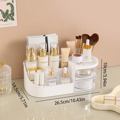 Blushimmer cosmetic storage box with drawer, desktop organizer for lipstick, brushes, and skincare products, beige plastic design