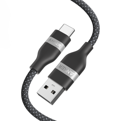 Anker USB-A to USB-C upcycled braided charging cable, 3 ft or 6 ft length, with durable design and reinforced connectors.