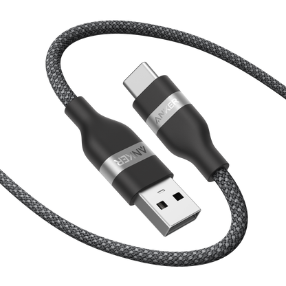 Anker USB-A to USB-C upcycled braided cable in 3 ft and 6 ft lengths, featuring durable braided design and secure connectors.