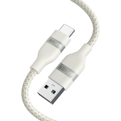 Anker USB-A to USB-C upcycled braided cable in 3 ft and 6 ft lengths, showcasing durable, woven design and flexible connectors.