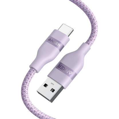 Anker upcycled braided USB-A to USB-C cable in 3 ft or 6 ft length, shown coiled with durable braided design.