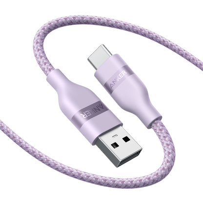 Anker upcycled braided USB-A to USB-C cable in 3 ft and 6 ft lengths, showing the durable, woven design and color details.