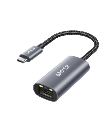Anker PowerExpand USB-C to Gigabit Ethernet Adapter showing a compact black device with USB-C and Ethernet ports.