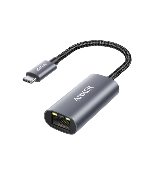 Anker PowerExpand USB-C to Gigabit Ethernet Adapter showing a compact black device with USB-C and Ethernet ports.