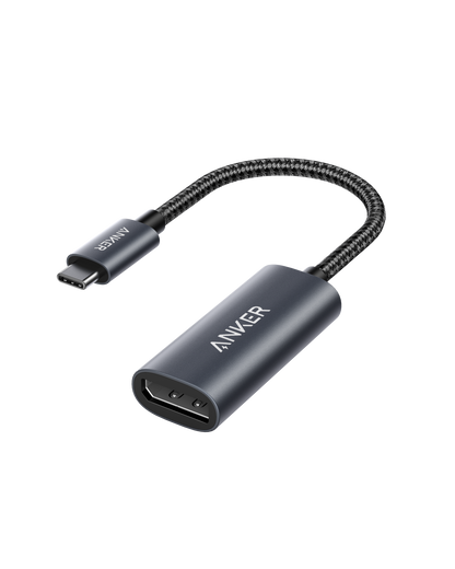 Anker PowerExpand USB-C to DisplayPort adapter showing a compact black connector for connecting USB-C devices to DisplayPort monitors