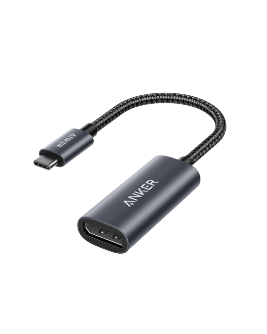 Anker PowerExpand USB-C to DisplayPort adapter showing a compact black connector for connecting USB-C devices to DisplayPort monitors
