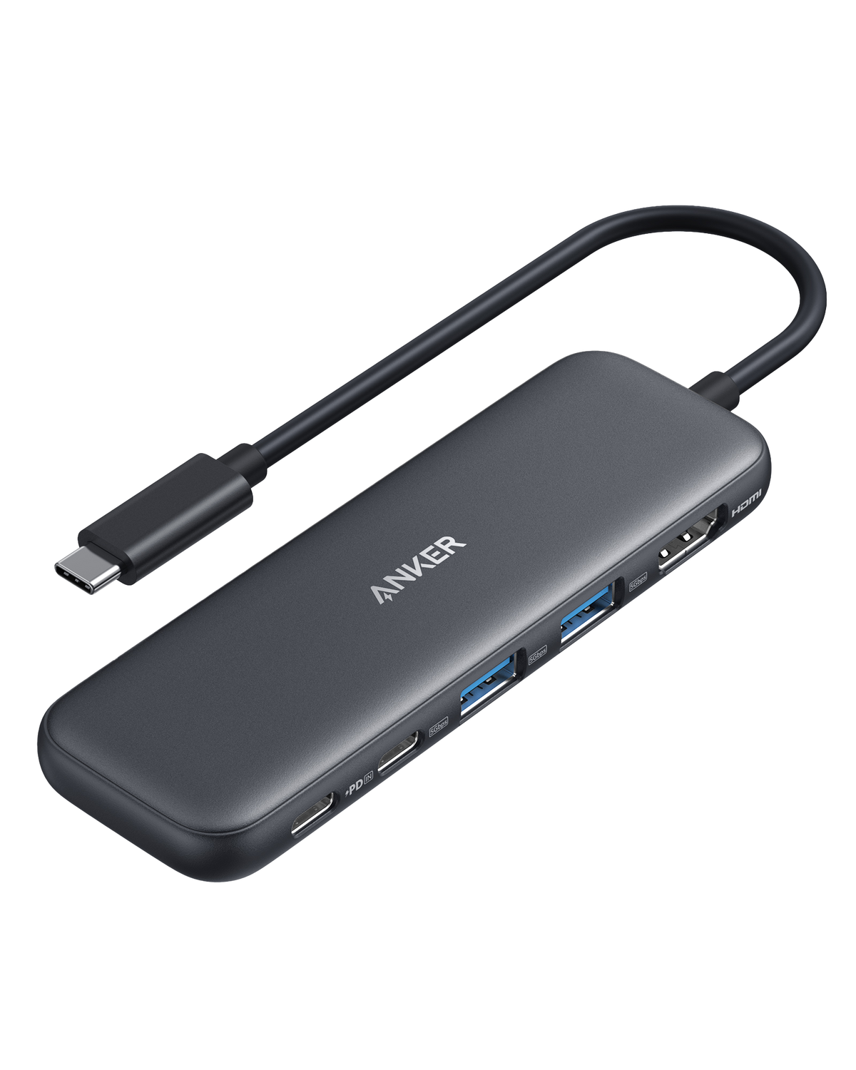 Anker 332 USB-C 5-in-1 hub showing multiple ports including USB-C, HDMI, USB-A, SD card slot, and Ethernet connection.
