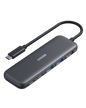 Anker 332 USB-C 5-in-1 hub showing multiple ports including USB-C, HDMI, USB-A, SD card slot, and Ethernet connection.