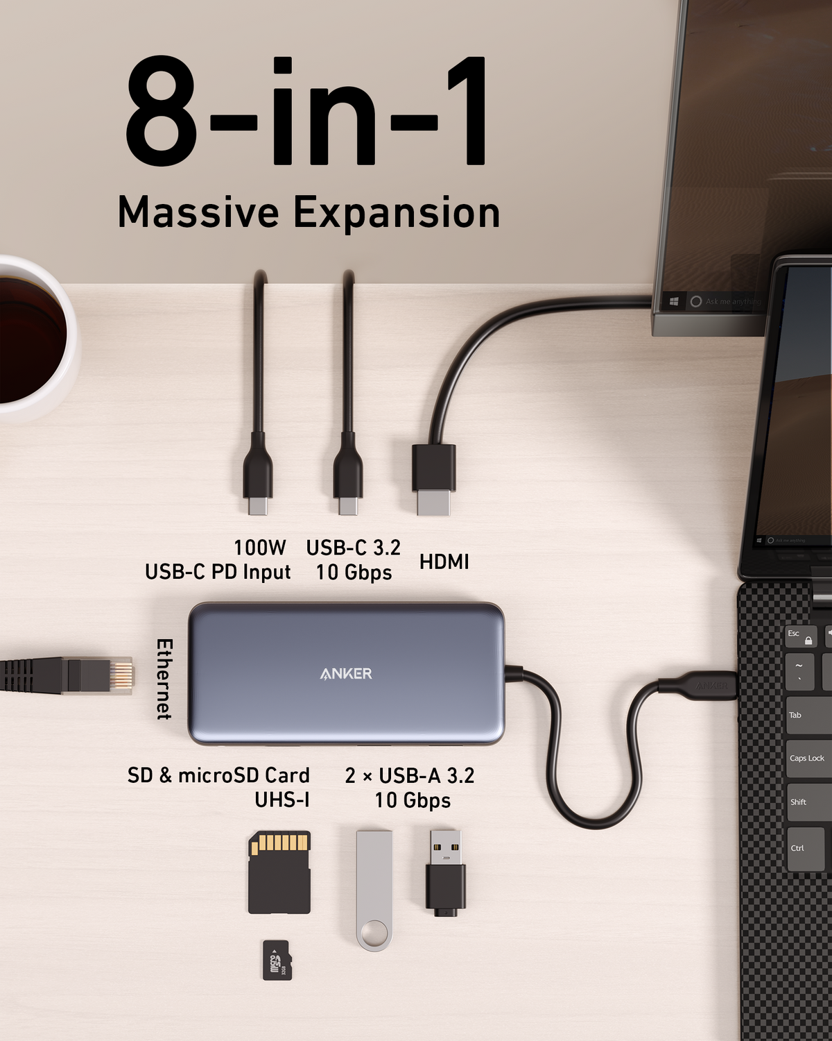 Anker 555 USB-C Hub 8-in-1 with charging port, showing multiple ports for connecting and charging devices.
