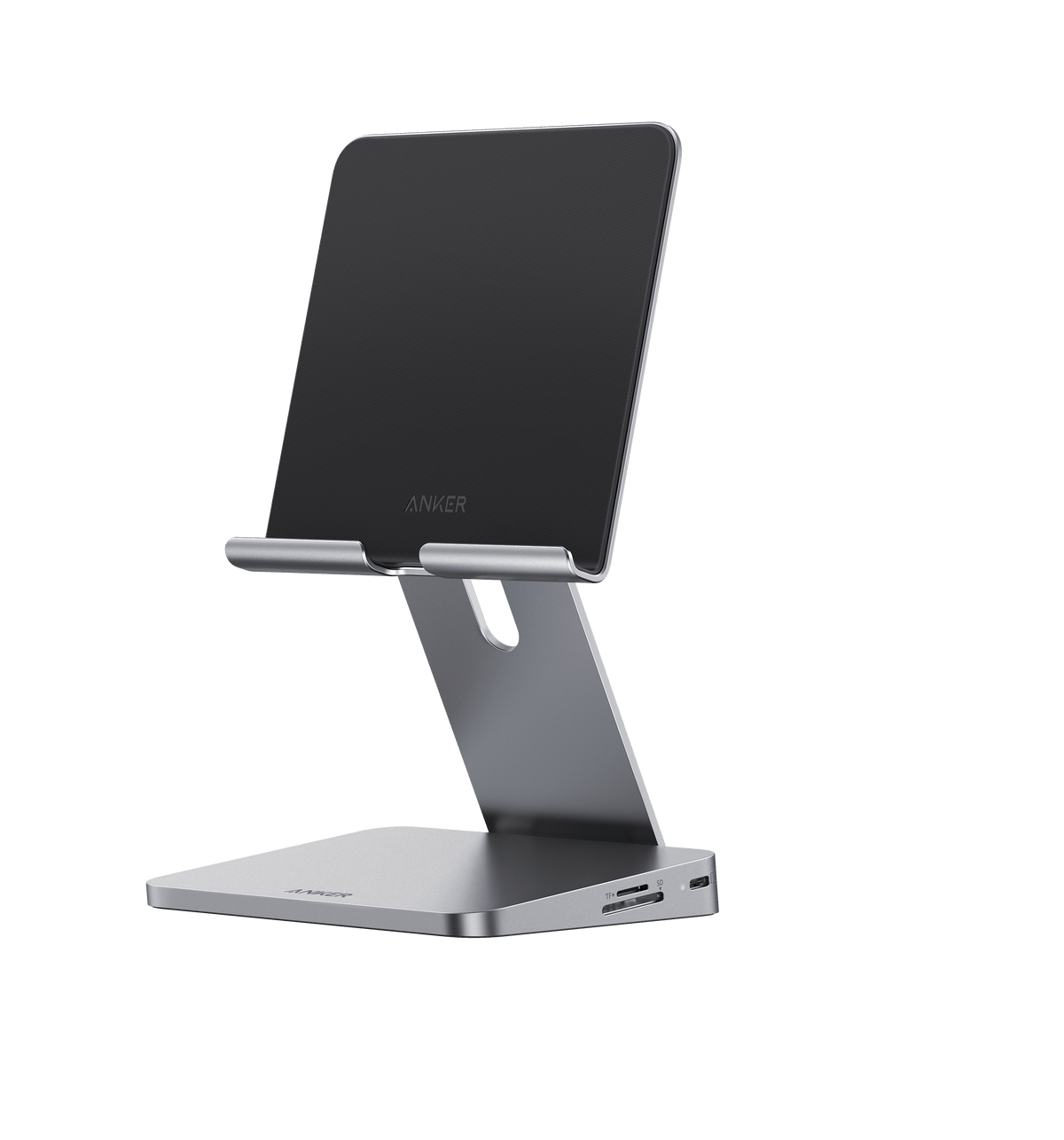 Anker 551 USB-C Hub with tablet stand showing multiple ports for charging and connectivity on a sleek black device.