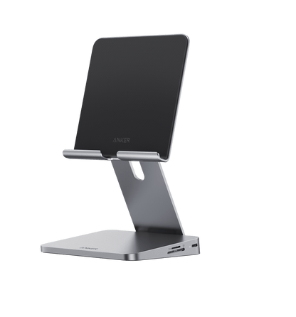 Anker 551 USB-C Hub with tablet stand showing multiple ports for charging and connectivity on a sleek black device.