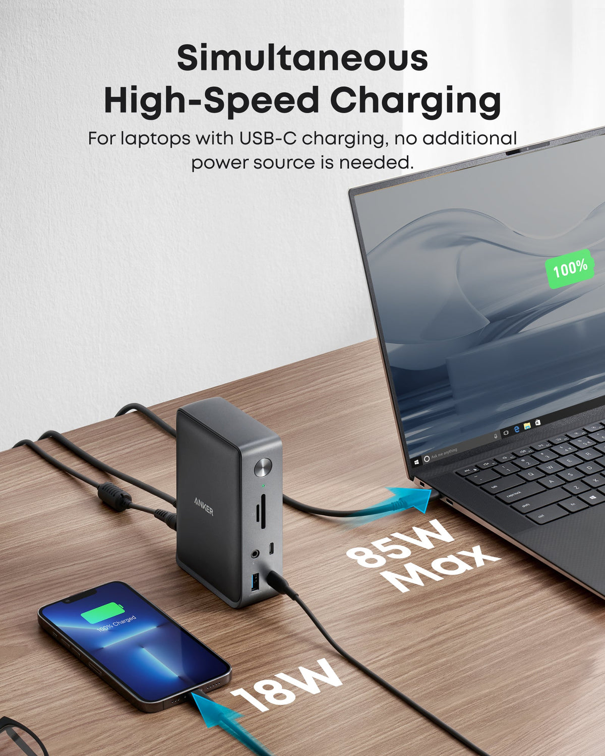 Anker 575 USB-C Docking Station for charging, featuring multiple ports and sleek design, shown in a close-up image.