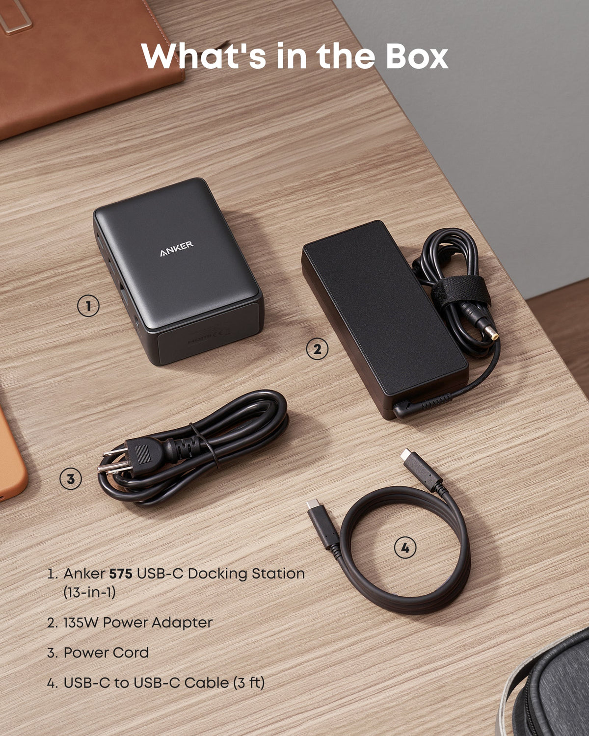 Anker 575 USB-C Docking Station charging station with multiple ports, sleek design, and connection options for devices.