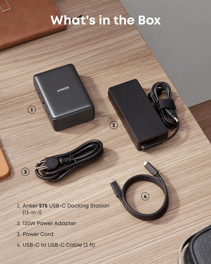 Anker 575 USB-C Docking Station charging station with multiple ports, sleek design, and connection options for devices.