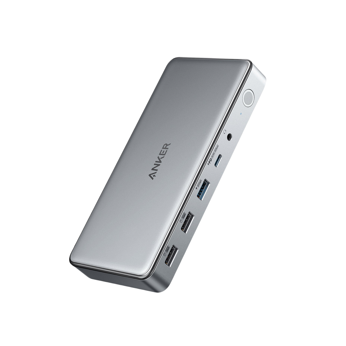 Anker 563 USB-C Docking Station 10-in-1 with multiple ports for charging and connectivity, shown connected to a laptop.