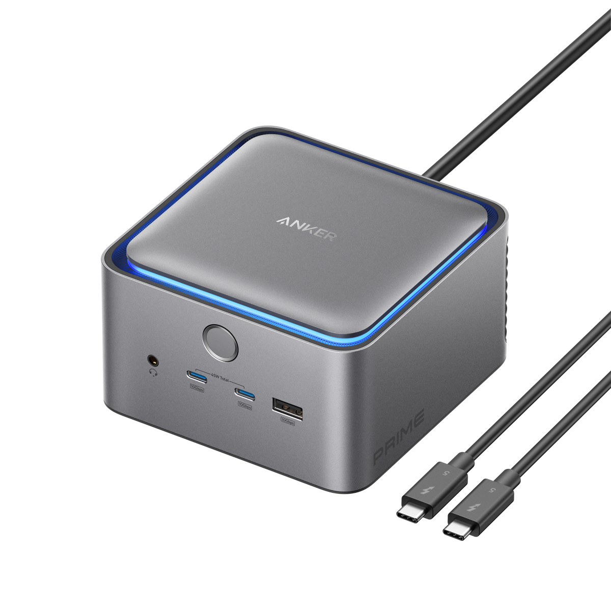 Anker Prime TB5 Docking Station with 14 ports, displaying connected cables and sleek black design for high-speed Thunderbolt 5 data transfer