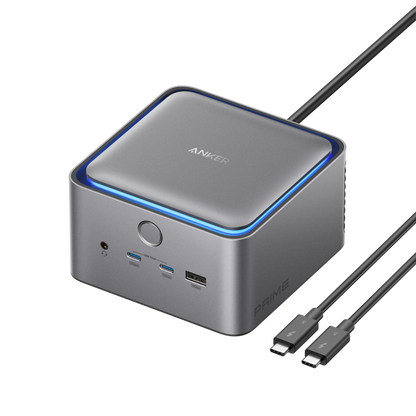 Anker Prime TB5 Docking Station with 14 ports, displaying connected cables and sleek black design for high-speed Thunderbolt 5 data transfer